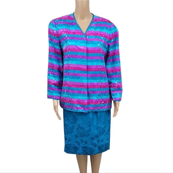 Anne Crimmins Vintage Matching Silk Skirt Set Blue Purple Fuschia Sequin Blazer - Picture 1 of 14